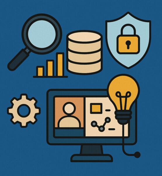 Illustration verschiedener digitaler Kompetenzen: Eine Lupe symbolisiert Recherche, ein Datenstapel mit Balkendiagramm steht für Datenkompetenz, ein Schild mit Schloss für Cybersicherheit, eine Glühbirne für digitale Kreativität und ein Bildschirm mit Videoanruf und Whiteboard für virtuelle Zusammenarbeit – alles im modernen Flat-Design vor blauem Hintergrund.